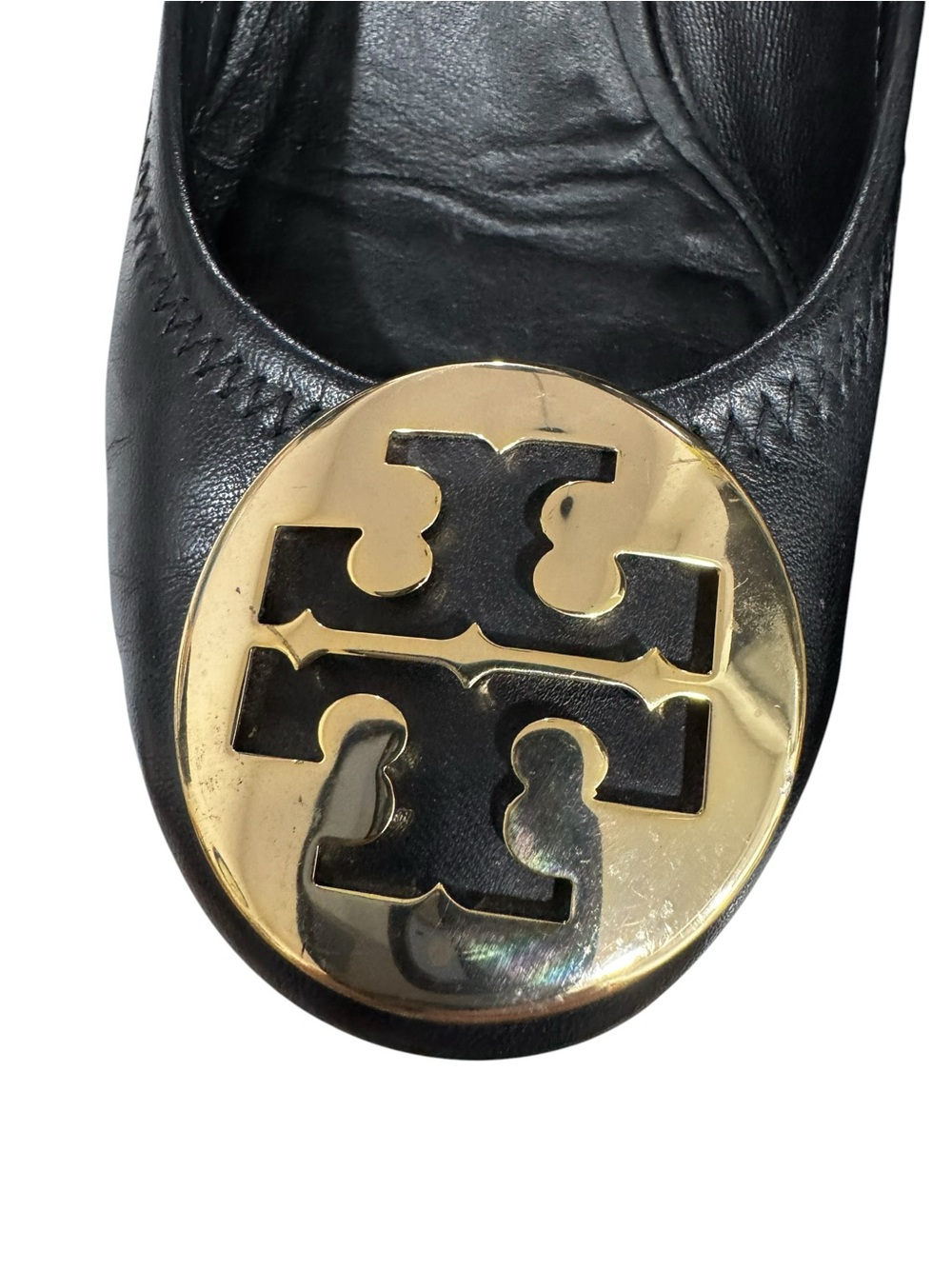 Tory Burch Black Leather Flats with Gold Logo Medallion - Picture 6 of 12
